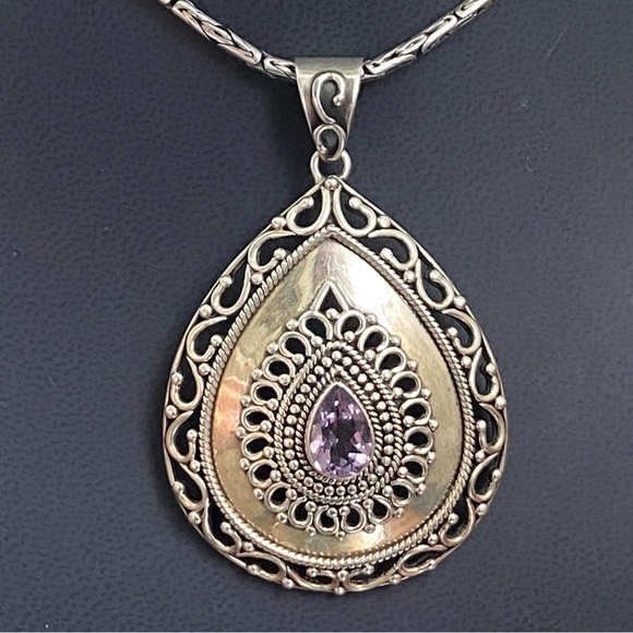 Vintage DP 925 Sterling Silver Filigree Bali Amethyst Large Teardrop Pendant 26g - Picture 3 of 16